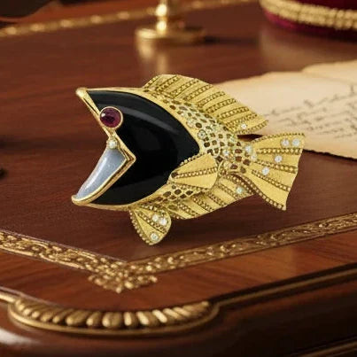 Estate Modern Custom Made In Vicenza, Italy Onyx, Ruby, Diamond 18k Yellow Gold Pendant/Brooch
