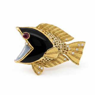 Estate Modern Custom Made In Vicenza, Italy Onyx, Ruby, Diamond 18k Yellow Gold Pendant/Brooch — side view