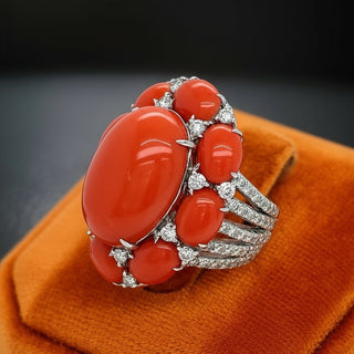 Estate Coral and Diamond 18K White Gold Ring — side view