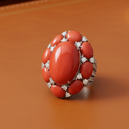 Estate Coral and Diamond 18K White Gold Ring