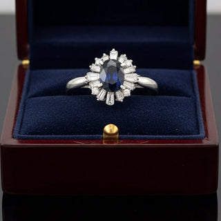 Estate Sapphire and Diamond Platinum Halo Ring — detail view