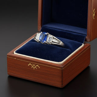 Estate Sapphire and Diamond Three Stone Platinum Ring — detail view
