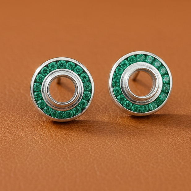 Estate Emerald, Diamond and 18K White Gold Semi Mount Earrings