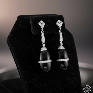 Estate Onyx and Diamond 14K White Gold Earrings — detail view