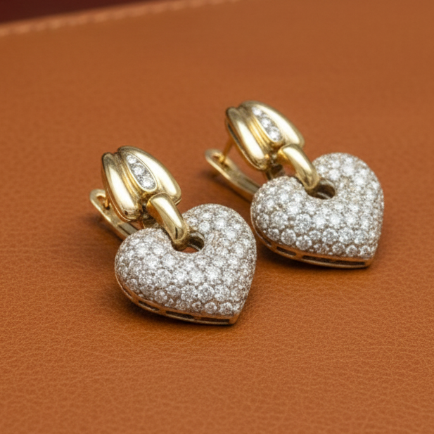 Estate 6.00 ctw Diamond Heart and 18K yellow Gold Earrings