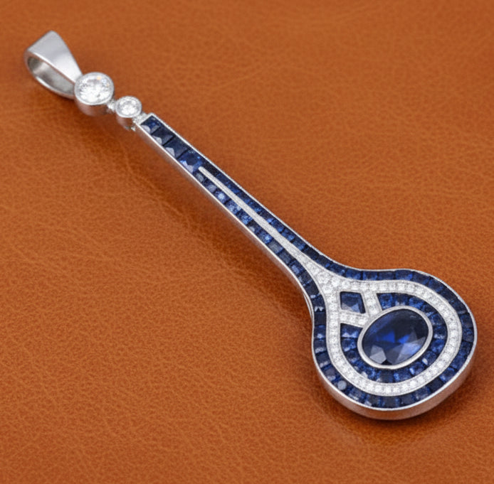 Estate French Cut Sapphire and Diamond 18K White Gold Pendant