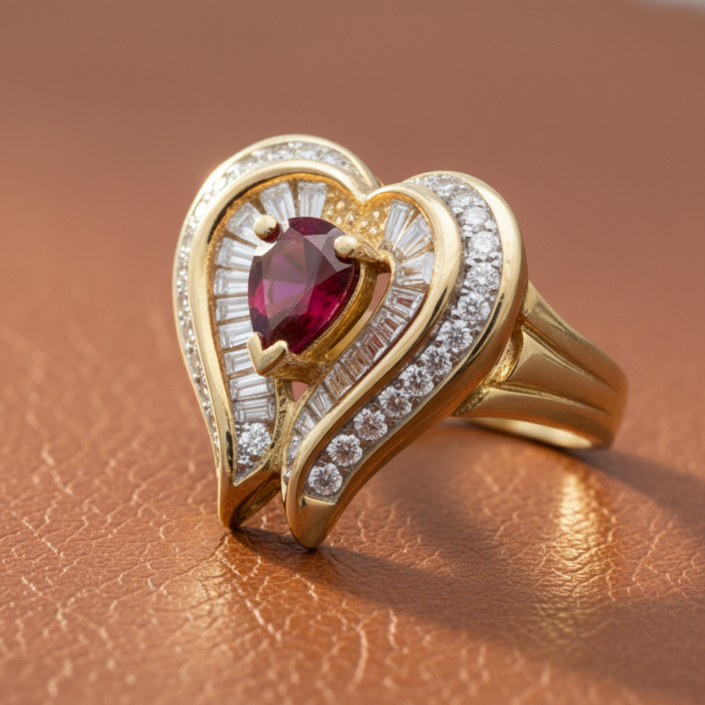 Estate Fine .80 ct Pear Shape Ruby & 1.37 ctw Diamond Yellow Gold Ring