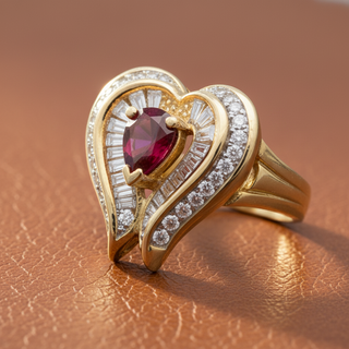 Estate Fine .80 ct Pear Shape Ruby & 1.37 ctw Diamond Yellow Gold Ring