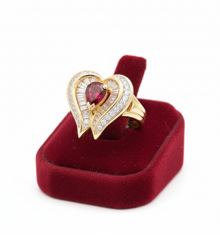 Estate Fine .80 ct Pear Shape Ruby & 1.37 ctw Diamond Yellow Gold Ring
