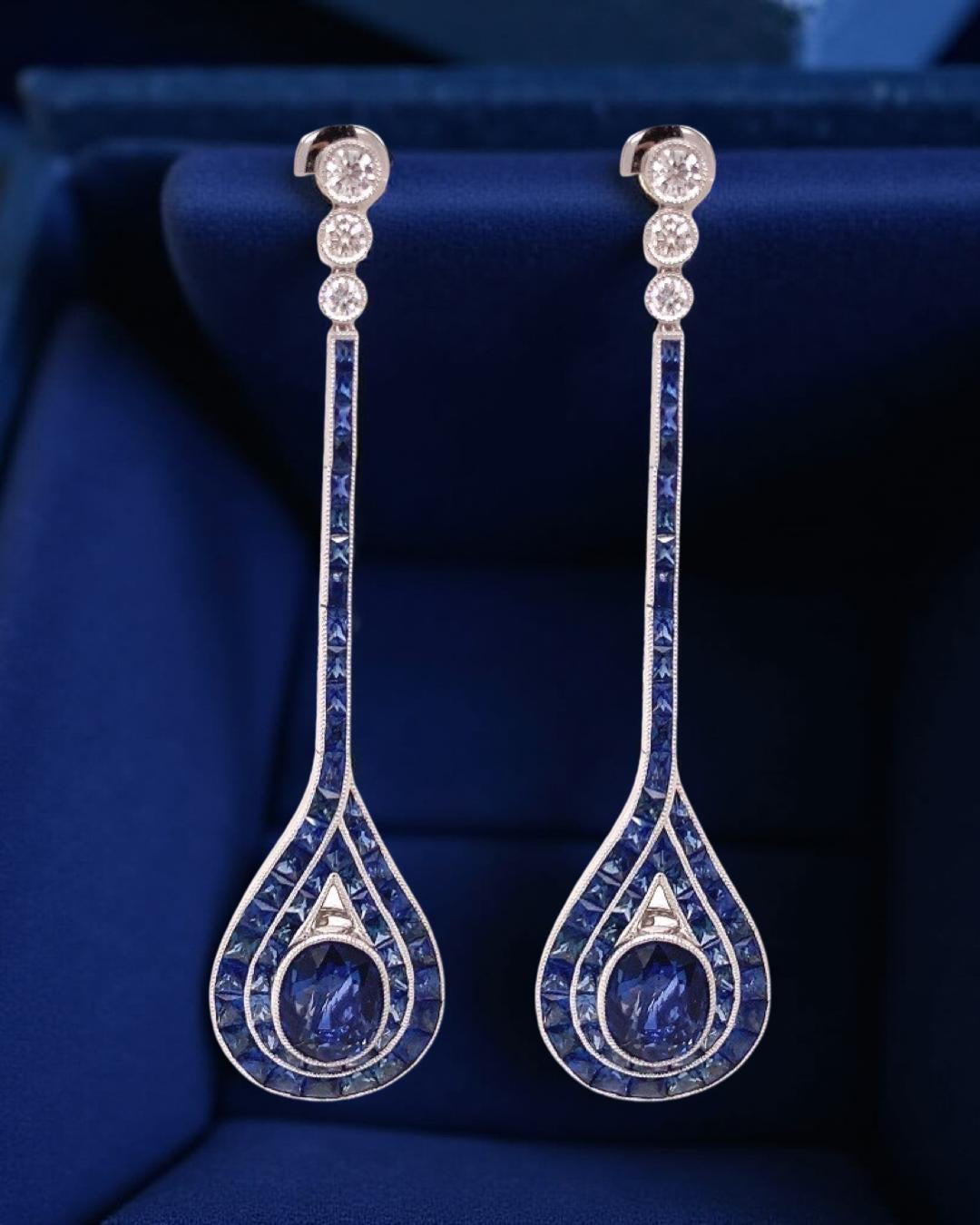 Estate Sapphire and Diamond 14K White Gold Dangle Earrings — scale view