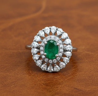 Estate Emerald, Rose Cut Diamond 18K White Gold Ring