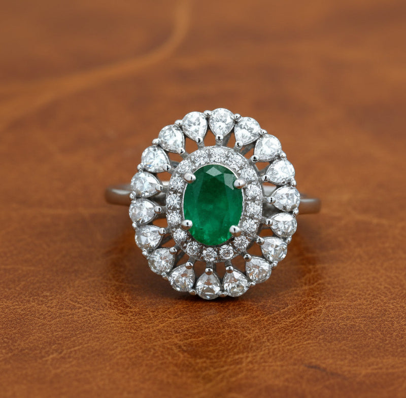 Estate Emerald, Rose Cut Diamond 18K White Gold Ring