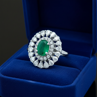 Estate Emerald, Rose Cut Diamond 18K White Gold Ring — side view