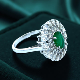 Estate Emerald, Rose Cut Diamond 18K White Gold Ring — detail view