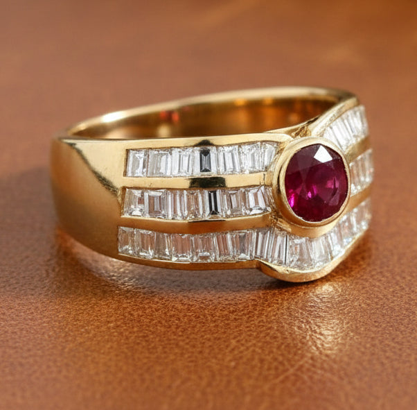 Estate Ruby, Diamond and 18K Yellow Gold Ring