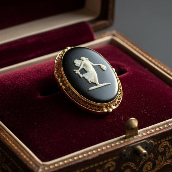 English Modern Wedgewood 36x25mm Cameo 14kt Yellow Gold