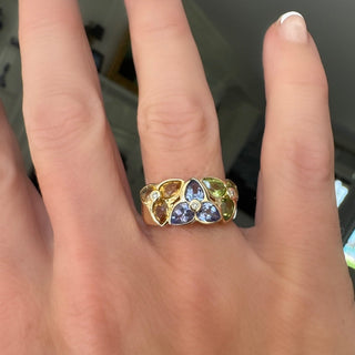 Estate Modern Designer JCR Citrine, Peridot, Tanzanite and Diamond 14Kt Yellow Gold Ring. — detail view
