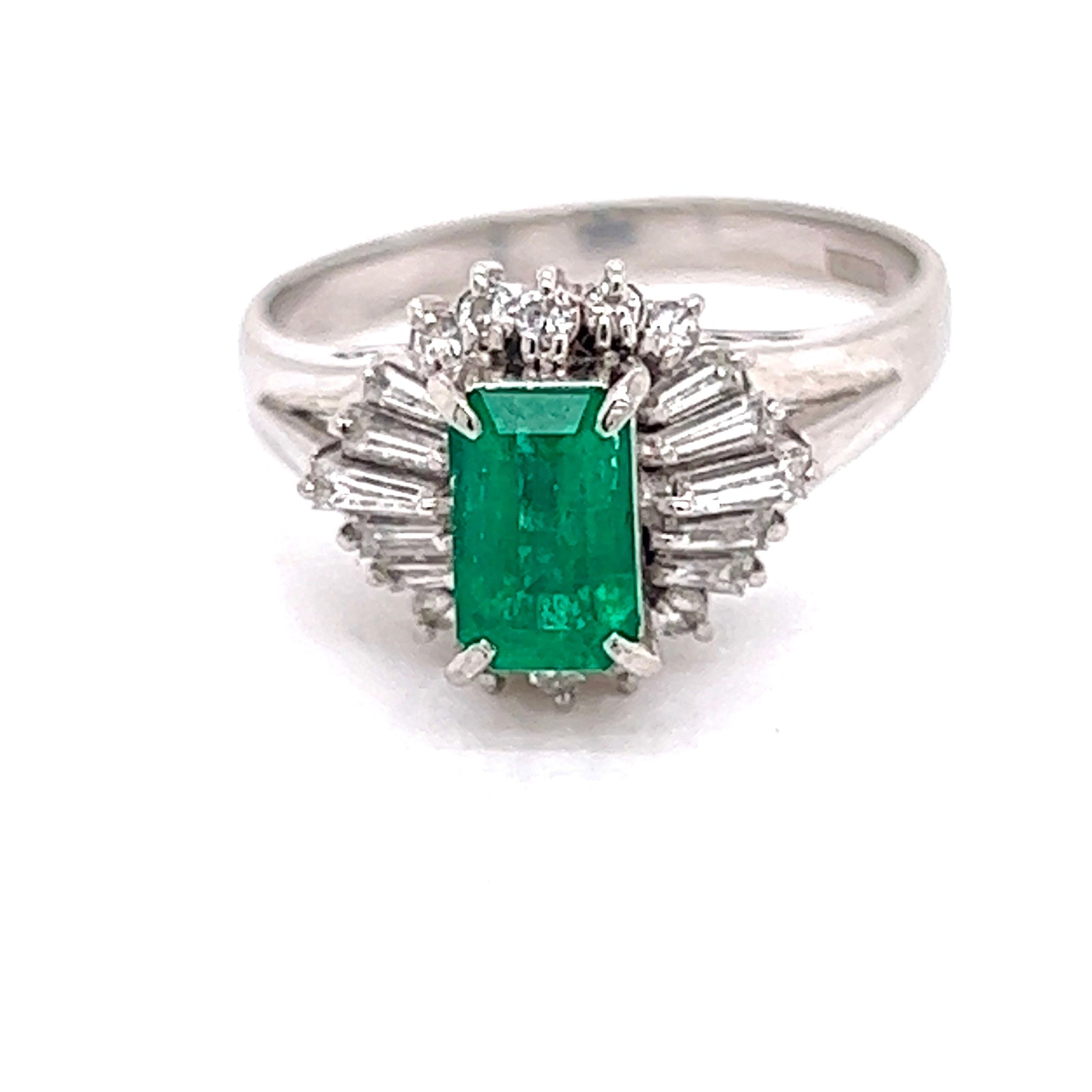 Estate Emerald and Diamond Platinum Halo Ring — side view