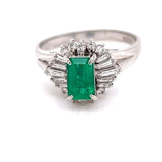 Estate Emerald and Diamond Platinum Halo Ring — side view