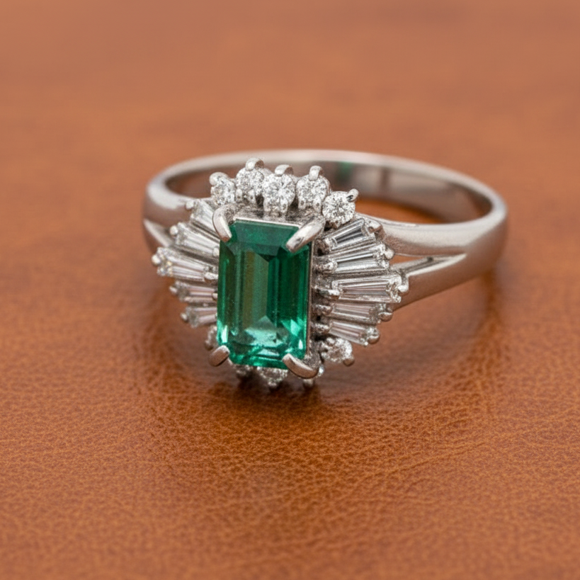 Estate Emerald and Diamond Platinum Halo Ring