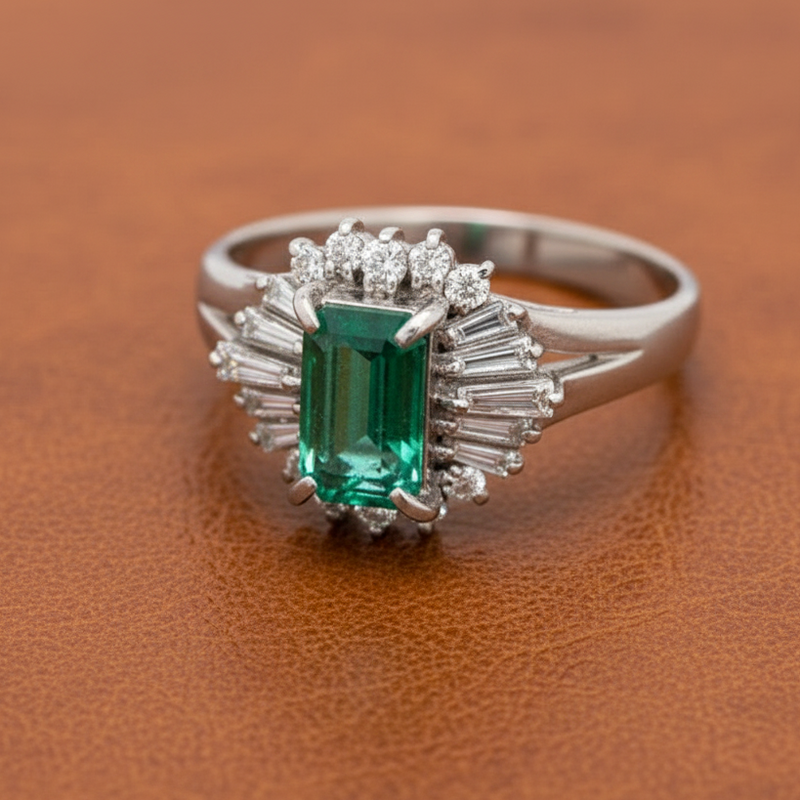 Estate Emerald and Diamond Platinum Halo Ring