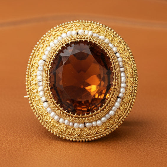 Estate Art Deco Citrine and 14K Yellow Gold Pendant Brooch