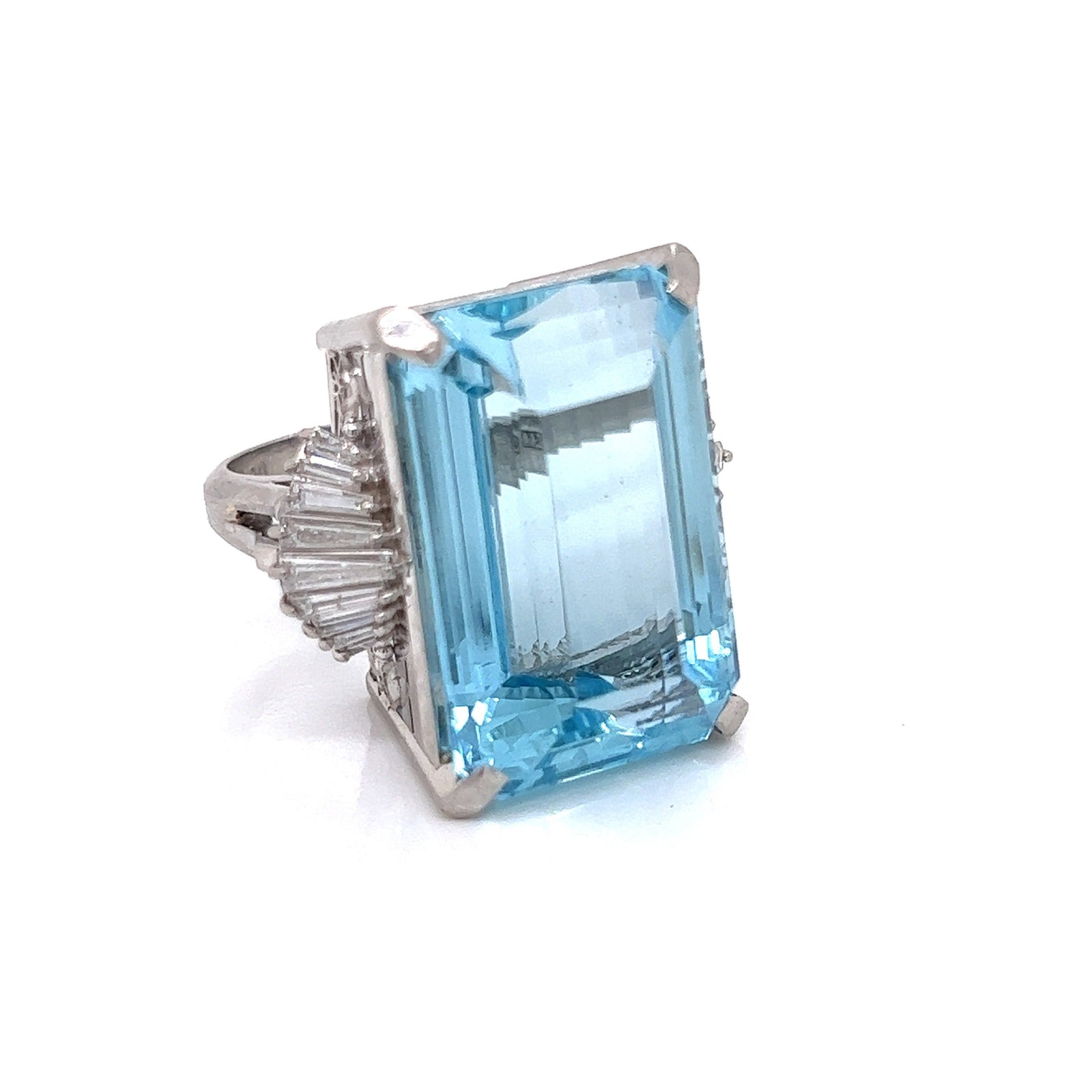 Estate Emerald Cut Aquamarine and Diamond Platinum Ring — detail view