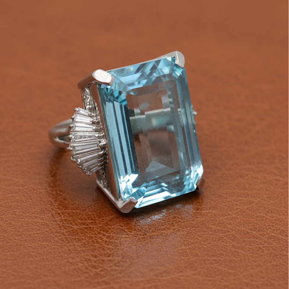 Estate Emerald Cut Aquamarine and Diamond Platinum Ring