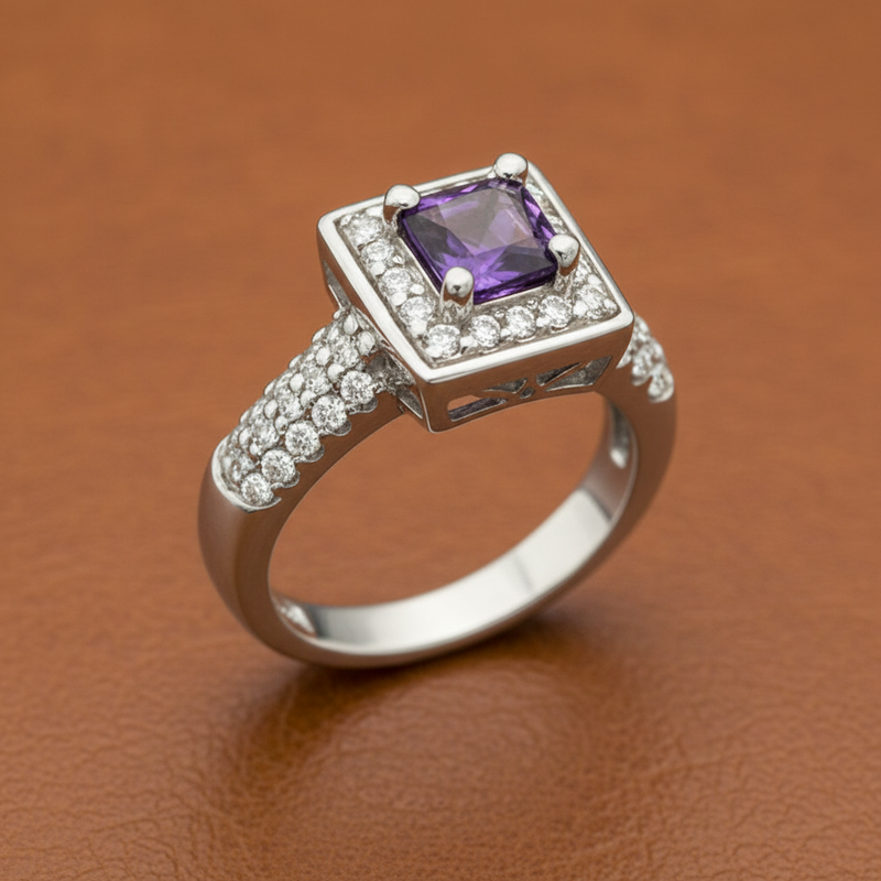 Estate Amethyst, Diamond, and 14K White Gold Ring