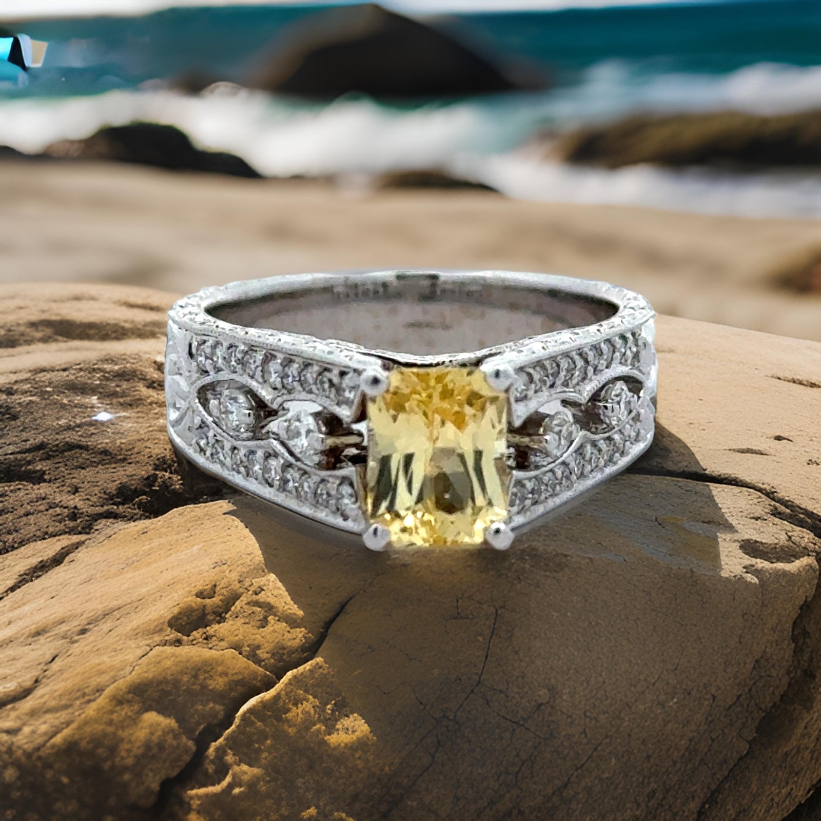 Estate Yellow Sapphire, Diamond, and 18K White Gold Antique Ring