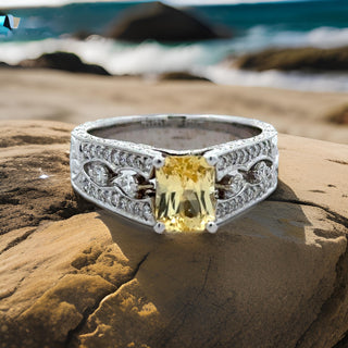 Estate Yellow Sapphire, Diamond, and 18K White Gold Antique Ring