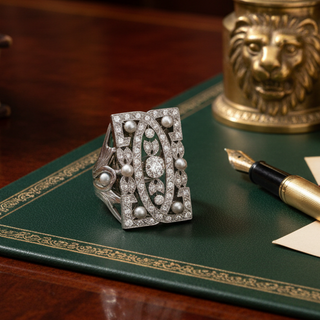 Estate Vintage Diamond and Pearl Platinum and 14Kt White Gold Filigree Ring