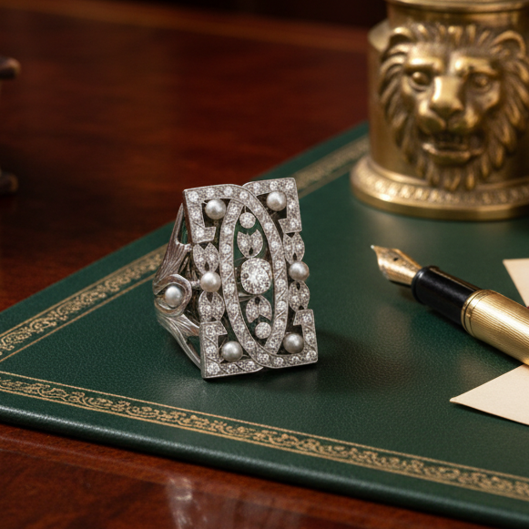 Estate Vintage Diamond and Pearl Platinum and 14Kt White Gold Filigree Ring