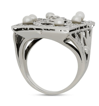 Estate Vintage Diamond and Pearl Platinum and 14Kt White Gold Filigree Ring — detail view