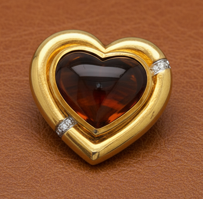 Estate Tiffany & Co Paloma Picasso Citrine, Diamond and 18K Yellow Gold Heart Brooch