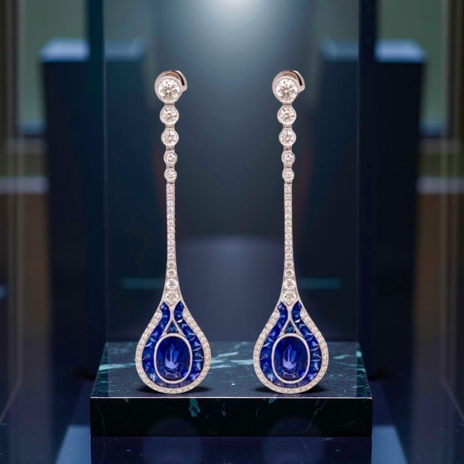 Estate Sapphire and Diamond 18K White Gold Dangle Earrings — detail view