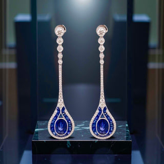 Estate Sapphire and Diamond 18K White Gold Dangle Earrings — detail view