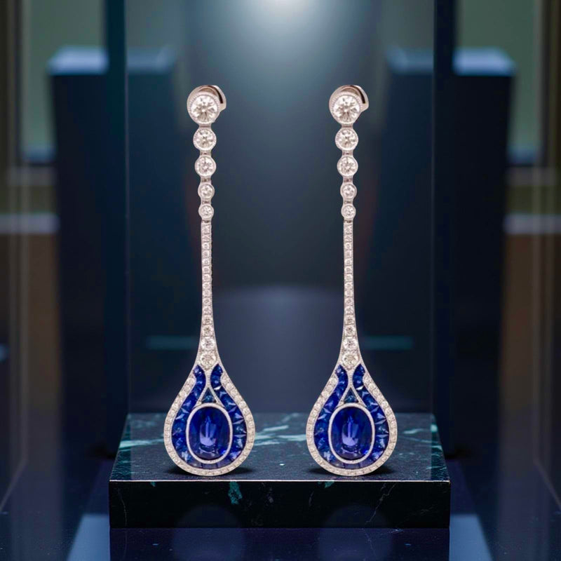 Estate Sapphire and Diamond 18K White Gold Dangle Earrings — detail view
