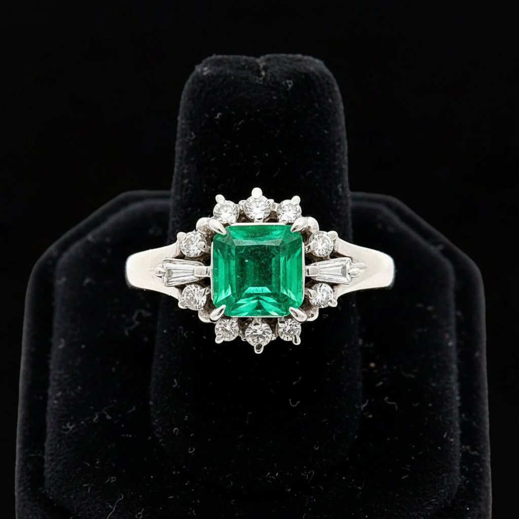 Estate Fine Emerald and Diamond Platinum Ring