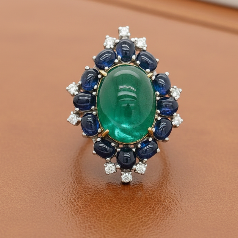 Estate Emerald, Sapphire and Diamond 18K White Gold Ring