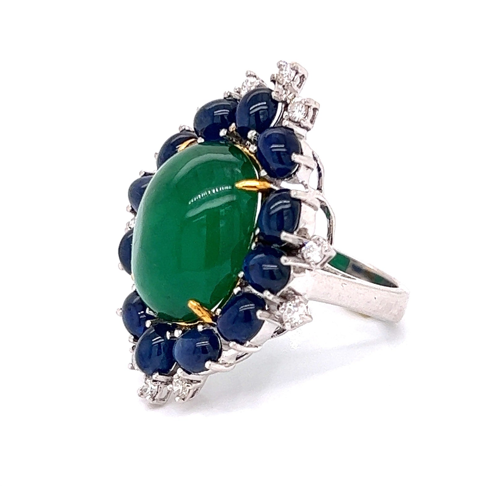 Estate Emerald, Sapphire and Diamond 18K White Gold Ring — detail view