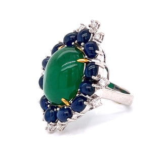 Estate Emerald, Sapphire and Diamond 18K White Gold Ring — detail view