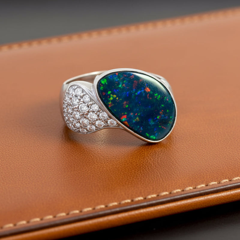Estate Freeform 4.26ct Black Opal Diamond Platinum Ring 14983