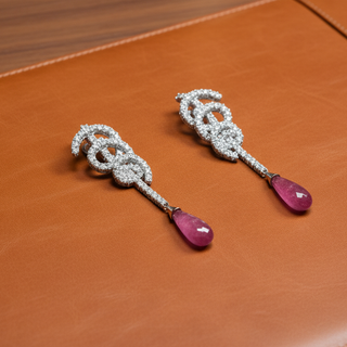 Estate Designer Bergio Diamond and Rubellite 18kt White Gold Earrings