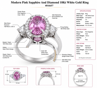 Estate Modern Pink Sapphire and Diamond 18Kt White Gold Ring — side view