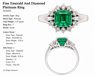 Estate Fine Emerald and Diamond Platinum Ring — side view
