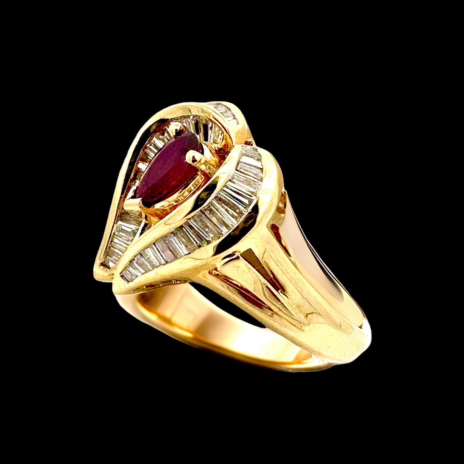 Estate Fine .80 ct Pear Shape Ruby & 1.37 ctw Diamond Yellow Gold Ring