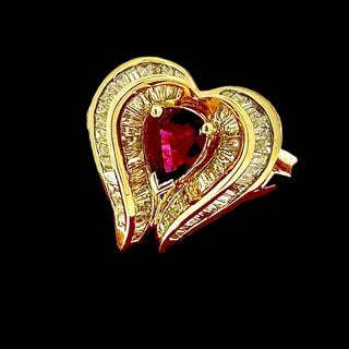 Estate Fine .80 ct Pear Shape Ruby & 1.37 ctw Diamond Yellow Gold Ring