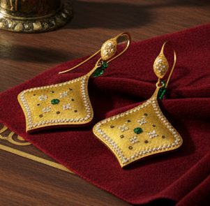 Estate 1990's Brush Finish Diamond and Emerald 18k Yellow Gold Earrings