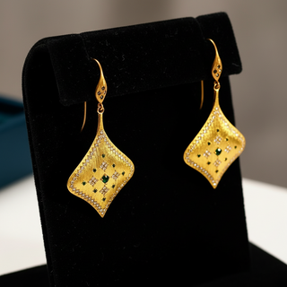 Estate 1990's Brush Finish Diamond and Emerald 18k Yellow Gold Earrings — reverse view